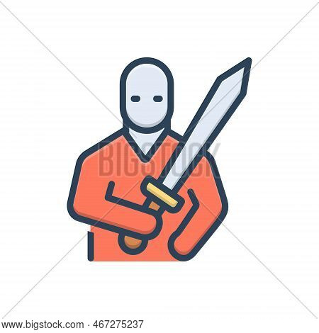 Color Illustration Icon For Fighter Warrior Knight Soldier Combatant Trooper Sword Broadsword Weapon