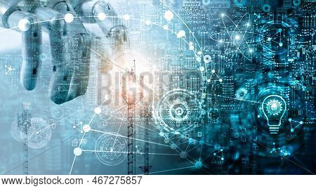 Futuristic Technology Concept, Mixed Media, Innovations Data Systems Connecting People And Robots De