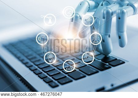 Hand Of Robotics Connecting To Industrial Network Connection On Laptop. Artificial Intelligence. Fut