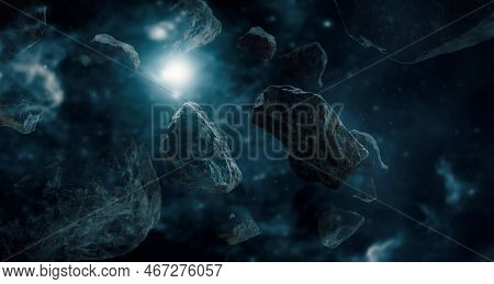 Meteorites In Deep Space Planets. Asteroids In Distant Solar System. Science Fiction Concept.