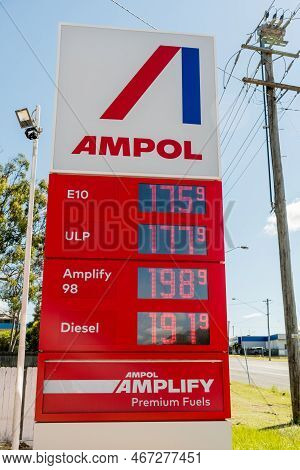 Grafton, Australia - 2022-04-11 Ampol Petrol Service Station Display With Fuel Prices.