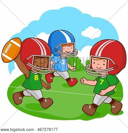 Children Playing American Football. Three Little Boys Play Rugby. Vector Illustration