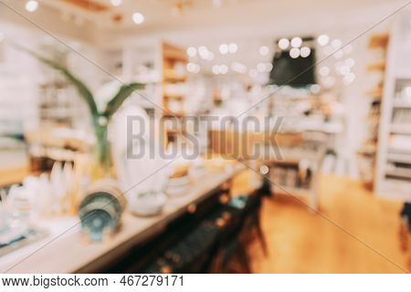 Home Accessories And Household Products For Dining Room In Store Of Shopping Centre. View Of Beautif