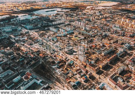 Brest, Belarus. Brest Cityscape Skyline In Spring Day. Birds-eye View Of Residential Districts. Aeri