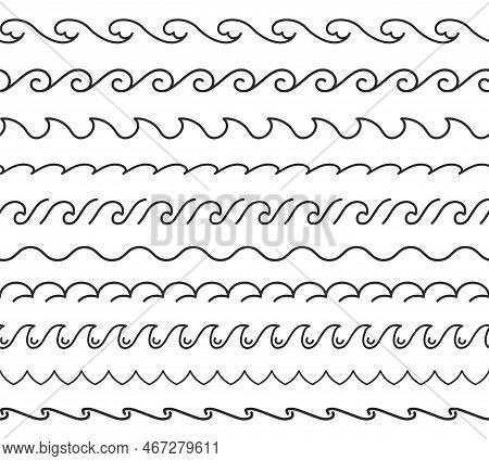 Seamless Line Waves. Ocean Water Curls, Sea Wave Crest And Horizontal Nautical Divider Pattern Vecto