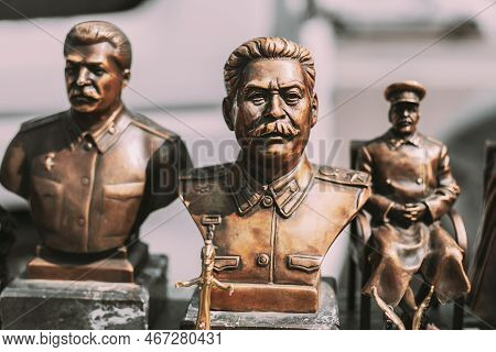 Soviet Leader Josef Stalin. Concept Of Nostalgia For Soviet Union. Miniature Bronze Figurines Of Jos