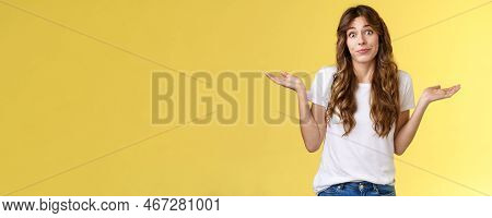 Sorry Unable Help. Clueless Apathetic Attractive Female Friend Shrugging Hands Spread Sideways Full 