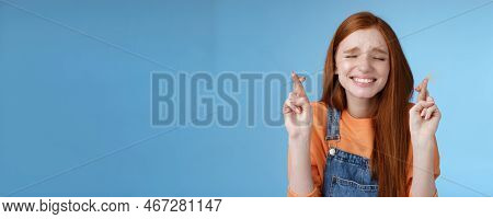 Sincere Hopeful Cute Redhead Girl Believe Miracle Close Eyes Faithfully Praying Cross Fingers Good L