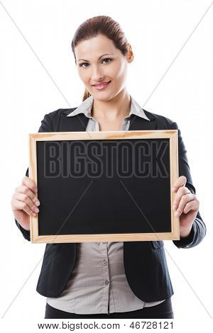 Retrato de uma mulher de negócios bonita e sexy segurando uma placa shalk