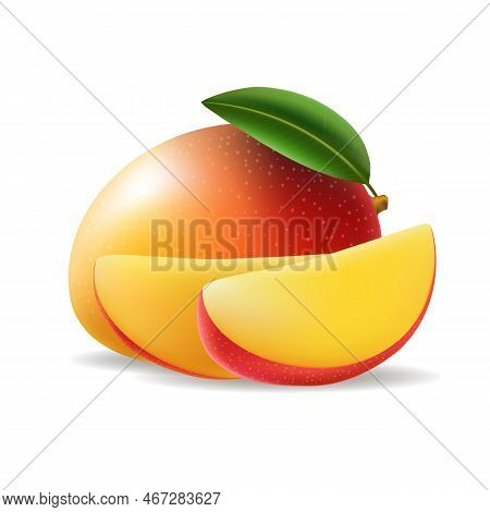 Sliced Mango Dessert. Tasty Mangos Slices Isolated, Fresh Juicy 3d Fruitage Fetus With Yellow Pulp P