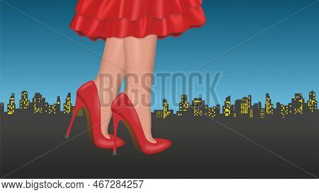 Lovely Lady Walking In Red High Heel Shoes And Red Skirt, In Background City Wiev. Vector Illustrati