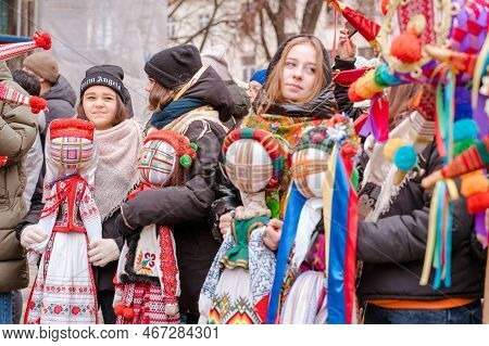 Lviv, Ukraine - January 8, 2022 : Many Christmas Stars And Handmade Motanka Dolls At Annual Christma