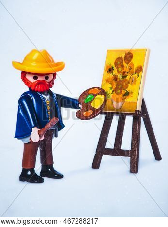 Amsterdam, Netherlands. December 2022. Vincent Van Gogh As A Play Mobil Figure. High Quality Photo