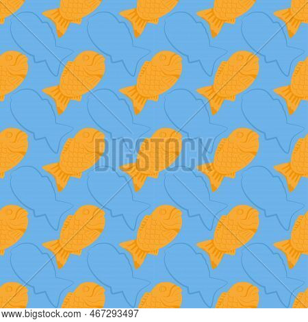 Korean Street Food Seamless Pattern. Sweet Fish Shaped Pastry Bugeoppang. Asian Traditional Snacks. 
