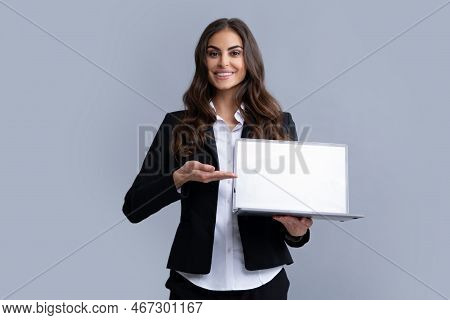 Portrait Of Positive Cheerful Ceo Expert Business Woman Work At Laptop Isolated Over Gray Background
