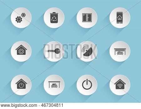 Smart Home Vector Icons On Round Puffy Paper Circles With Transparent Shadows On Blue Background. Sm