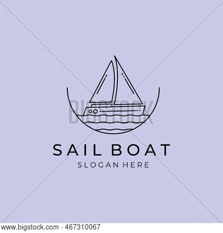 Sail Boat Logo Line Minimalist Vector Design With Wave Logo And Emblem