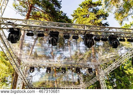 Steel Construction For Lights. Metal Constrcution On Nature Background.