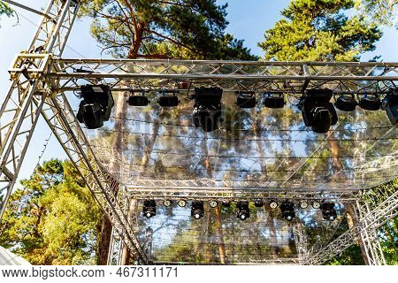 Metal Constrcution On Nature Background. Steel Construction For Lights.