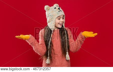 Winter Fashion For Teen Kid Presenting Product. Earflap Hat Knitwear. Teen Kid Model In Earflap