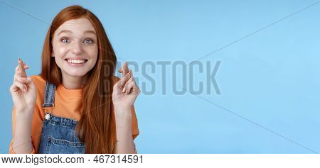 Excited Emotional Happy Cheerful Redhead Girl Smiling Optimistic Stare Surprised Thrilled Cross Fing