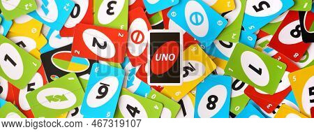 Ternopil, Ukraine - May 15, 2022: Many Colorful Uno Game Cards. Uno Is An American Shedding-type Car