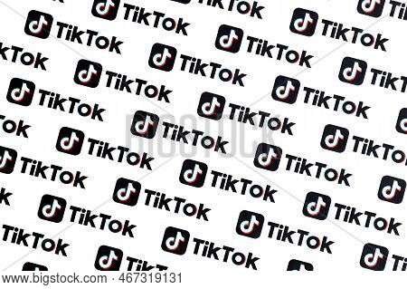 Ternopil, Ukraine - May 2, 2022: Many Tiktok Logo Printed On Paper. Tiktok Or Douyin Is A Famous Chi