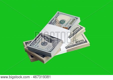 Bundle Of Us Dollar Bills Isolated On Chroma Keyer Green. Pack Of American Money With High Resolutio