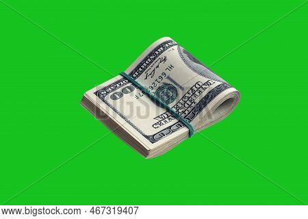 Bundle Of Us Dollar Bills Isolated On Chroma Keyer Green. Pack Of American Money With High Resolutio