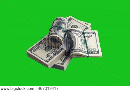 Bundle Of Us Dollar Bills Isolated On Chroma Keyer Green. Pack Of American Money With High Resolutio