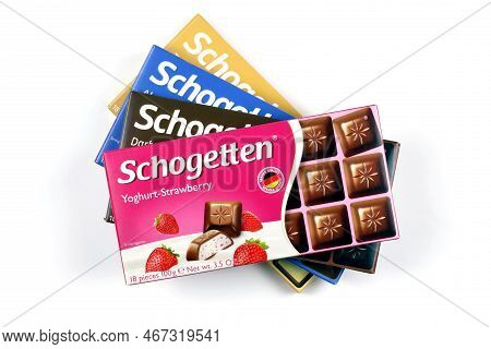 Kharkiv, Ukraine - December 18, 2020: Schogetten Chocolate Packs. Dark Chocolate Produced By Ludwig 