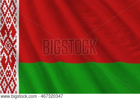 Belarus Flag With Big Folds Waving Close Up Under The Studio Light Indoors. The Official Symbols And