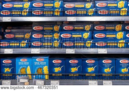 Barilla Pasta On The Supermarket Shelf. The Company Was Founded In 1877 As A Bakery Shop In Parma, I