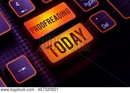 Sign Displaying Proofreading. Business Overview Act Of Reading And Marking Spelling, Grammar And Syn