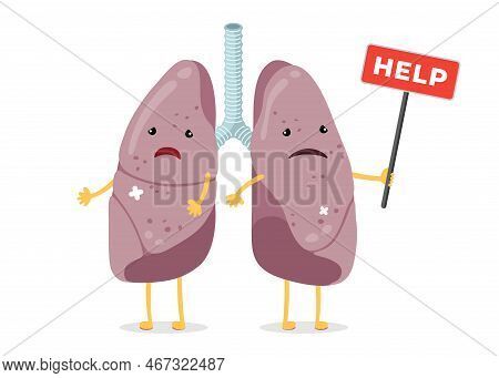 Cartoon Sad Suffering Sick Lungs Characters. Unhealthy Damage Human Respiratory System Internal Orga