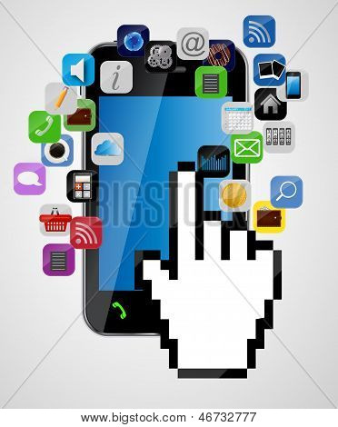 Universal design mobiltelefon med musemarkøren hånd og app ic