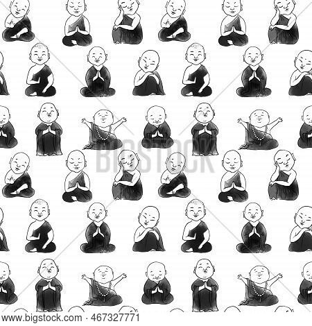 Seamless Pattern With Cute Cartoon Buddhist Monks. Can Be Used For Wallpaper, Pattern Fills, Textile