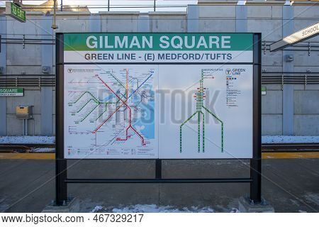 Somerville, Ma, Usa - Dec. 13, 2022: Sign And Map Of Mbta Green Line Gilman Square Station In City O