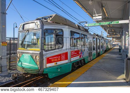 Somerville, Ma, Usa - Dec. 13, 2022: Mbta Green Line Ansaldo Breda Type 8 Train At East Somerville S