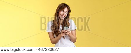 Lovely Silly Cute Flirty Girl Texting Receive Romantic Lovely Gesture Look Away Blushing Modest Smil