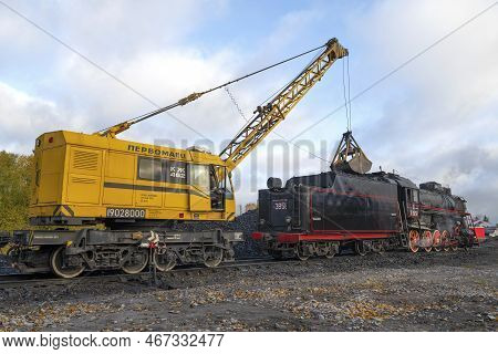 Sortavala, Russia - October 09, 2022: Railway Crane Kzh-462 