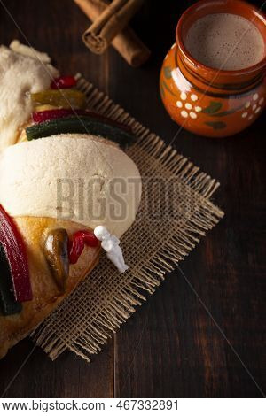 Traditional Kings Day Cake Also Called Rosca De Reyes, Roscon, Epiphany Cake And With A Clay Jarrito