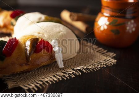 Traditional Kings Day Cake Also Called Rosca De Reyes, Roscon, Epiphany Cake And With A Clay Jarrito