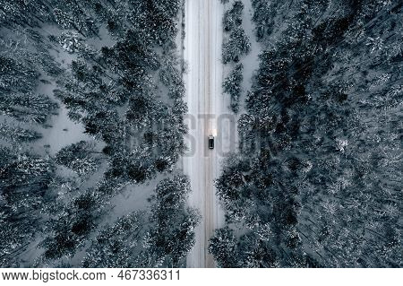 Night Time Aerial View Of Snowy Road In Pine Tree Forest In Winter Season. Drone Top Down View Of Sn