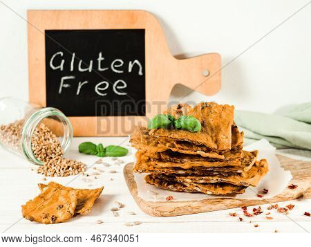 Gluten-freen Crispbreads Made From Buskwheat Flour. Green Buckwheat Flour, Smoked Paprika, Sunflower