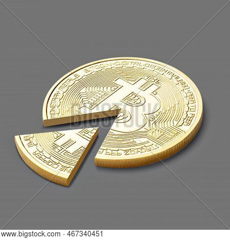 Close Up Of A Crypto Currency Coin Bitcoin And A Part, A Fraction Of It On A White Background