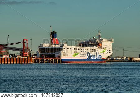 Rotterdam, Netherlands - November 11 2021 : A Docked Ferry Ship Of Stena Line Is Being Loaded With C