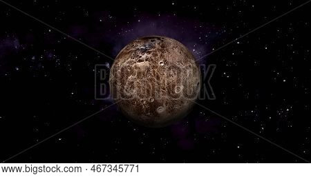 Fictional Planet Sun Rise In Dark Background With Stars. Front View Of Haumea Planet From Space. Ful