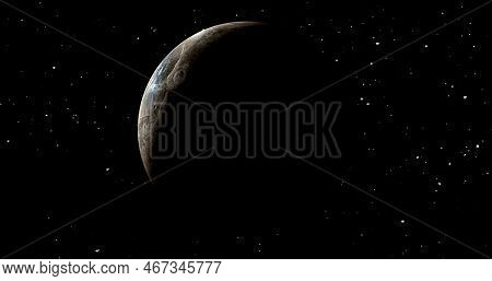 Fictional Planet Sun Rise In Dark Background With Stars. Front View Of Haumea Planet From Space. Ful