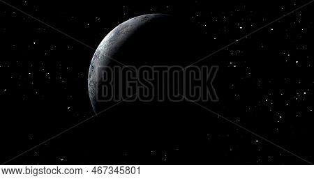 Fictional Planet Sun Rise In Dark Background With Stars. Front View Of Haumea Planet From Space. Ful